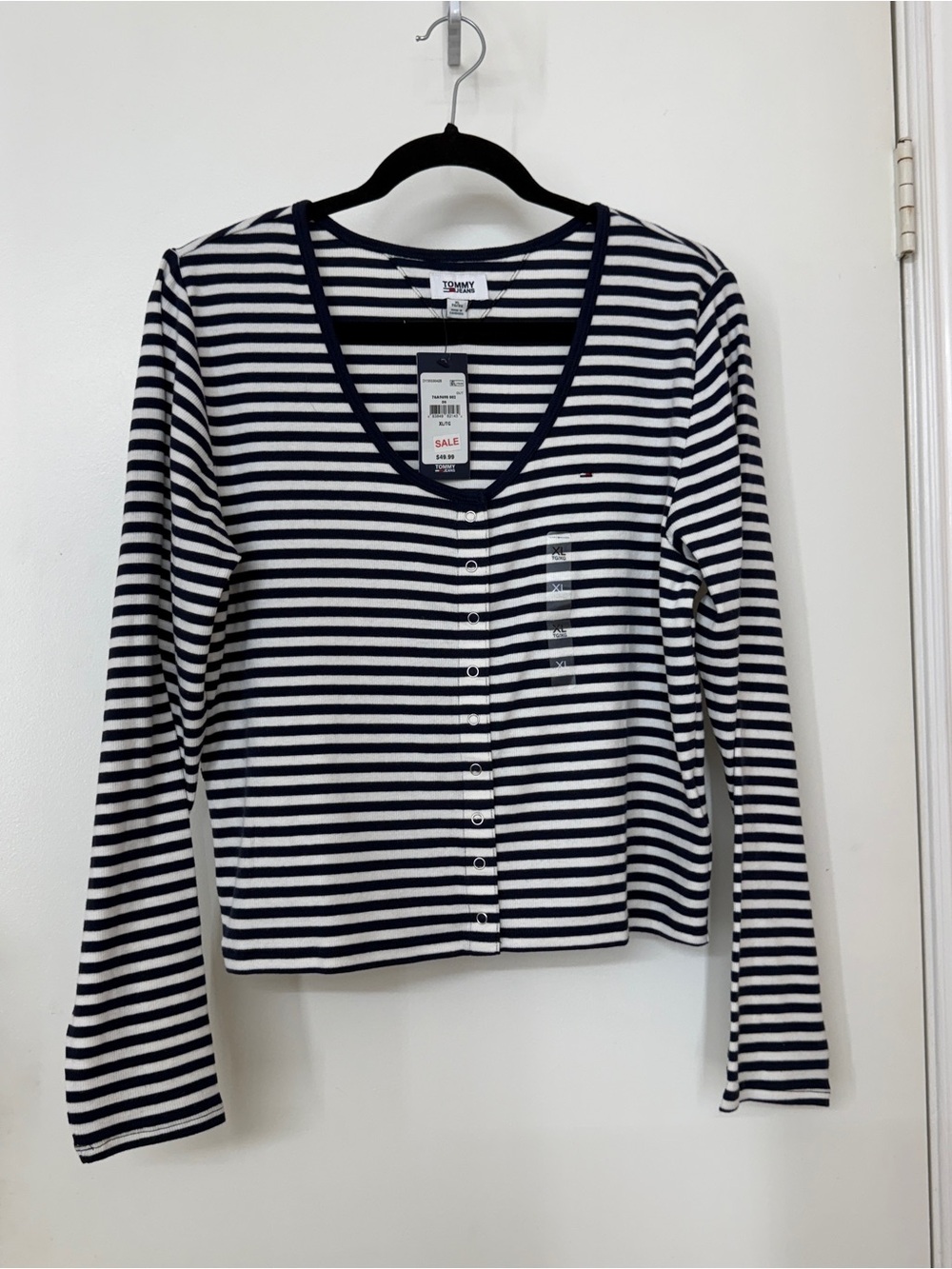 NWT Tommy Jeans Womens Navy White Striped Long Sleeve Henley Top Size XL